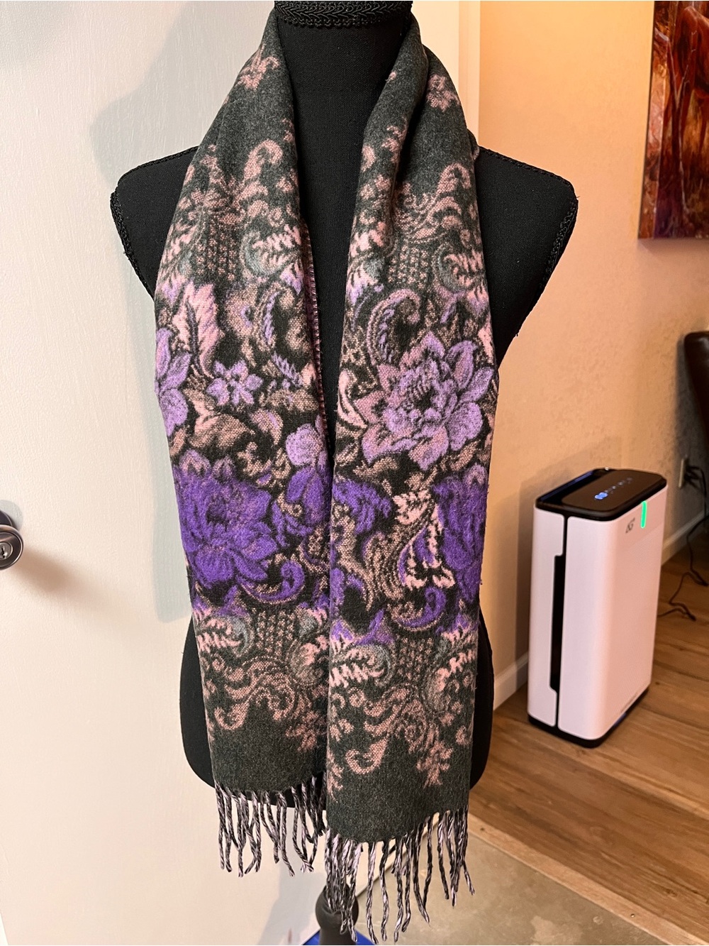 Floral Wool Blend Scarf in Black and Purple - Unbranded
